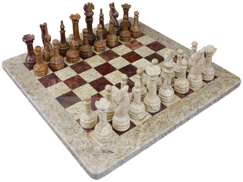 Chess Set- Fossil Stone & Red Onyx with Personalization - Marble Products International